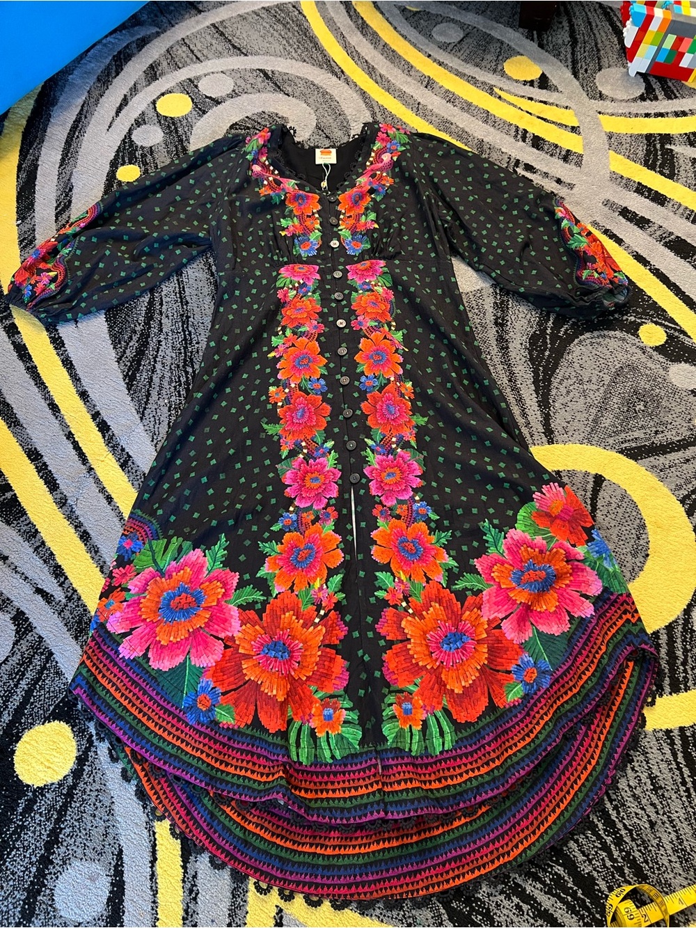 FARM Rio Blooming Gardens Black Maxi Kaftan Dress with Floral Print XL - Picture 8 of 16